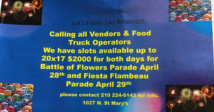 Calling all Vendors and Food Truck Operator’s!! If you know anyone interested send them our way!!! We also need volunteers for Friday and Saturday! Let’s Fiesta San Antonio!!!